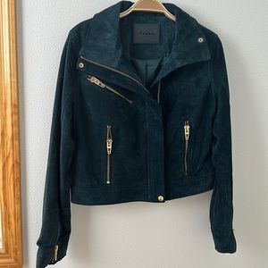 Blank NYC teal suede Moto jacket with gold hardware